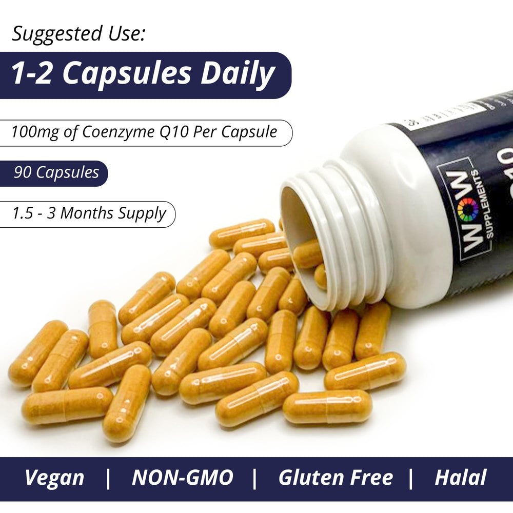 WOW Supplements CoQ10 capsule close-up with Hawthorn Berry imagery