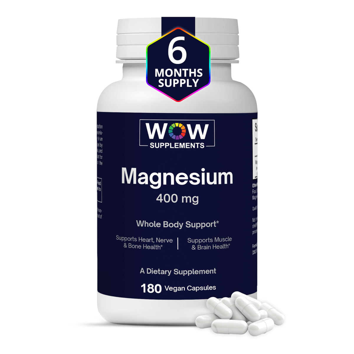 WOW Supplements Magnesium 400 mg bottle on a shelf for daily support