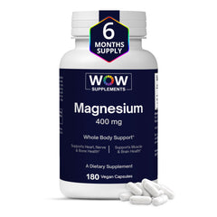 WOW Supplements Magnesium 400 mg bottle on a shelf for daily support