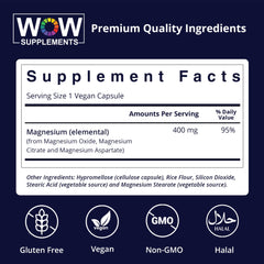 WOW Supplements Magnesium 400 mg capsules close-up showing three-form blend for absorption