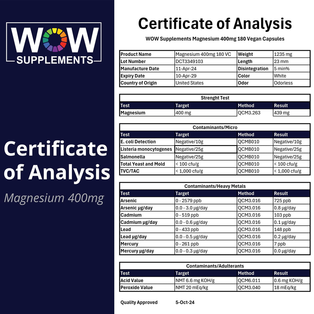 WOW Supplements Magnesium 400 mg manufacturing facility photo showing GMP-compliant production