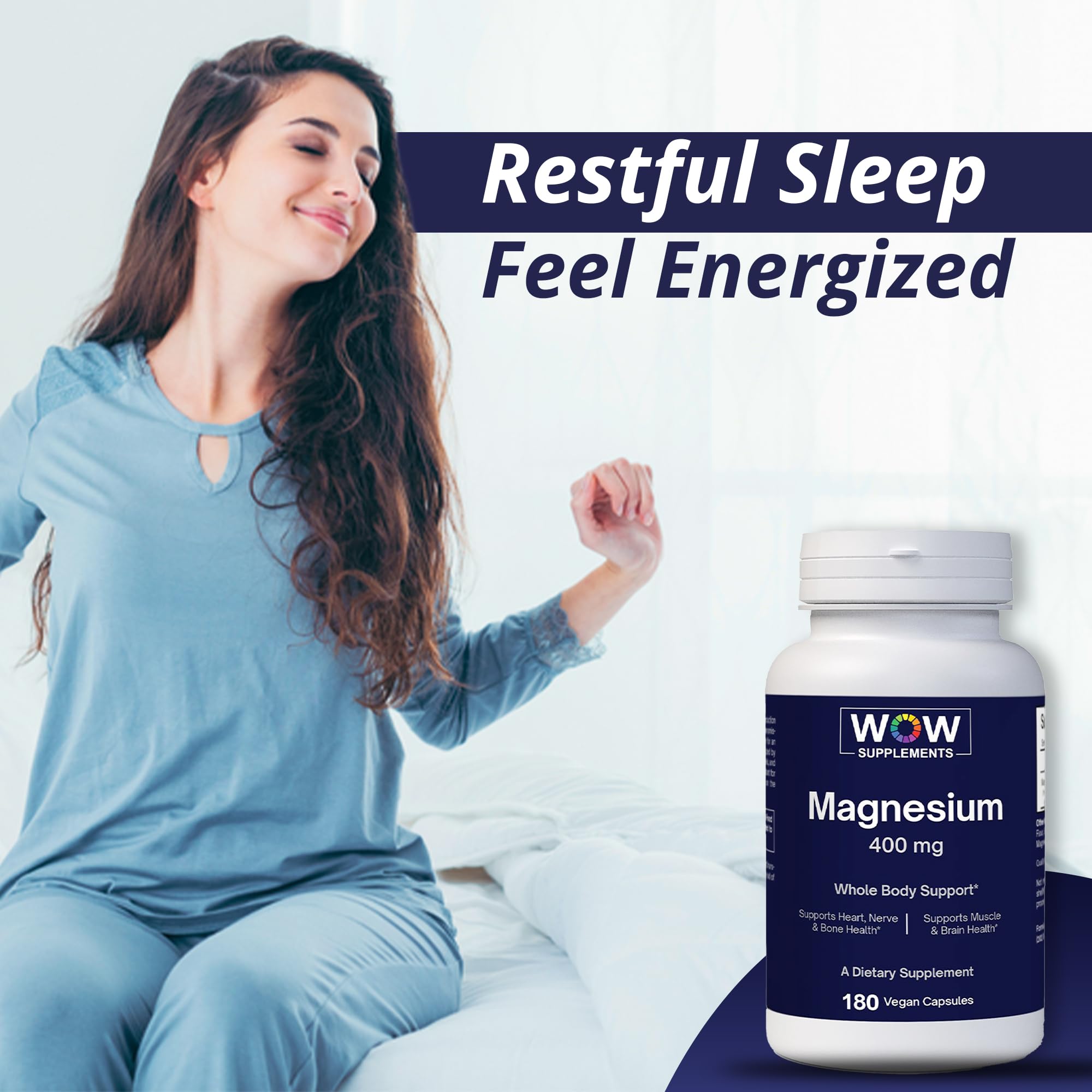 WOW Supplements Magnesium 400 mg on a nightstand for convenient evening use