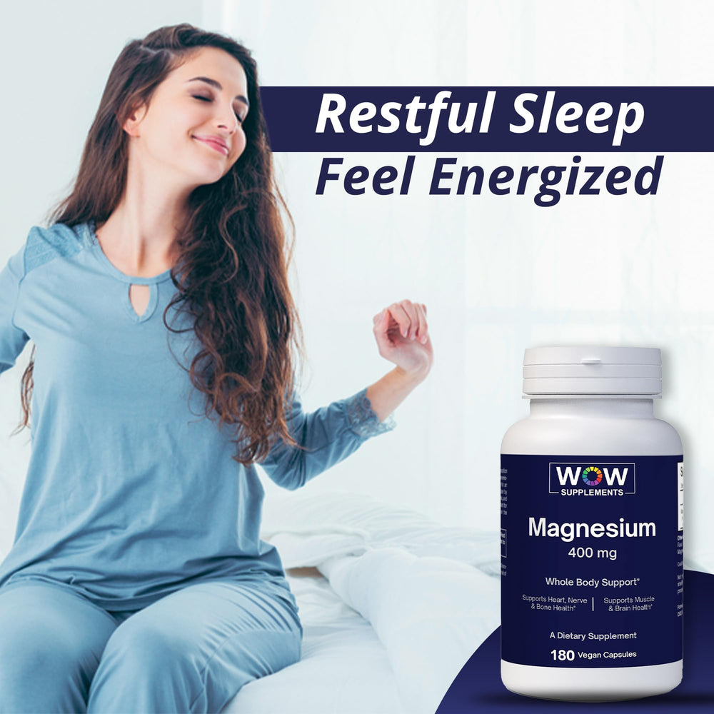 WOW Supplements Magnesium 400 mg on a nightstand for convenient evening use