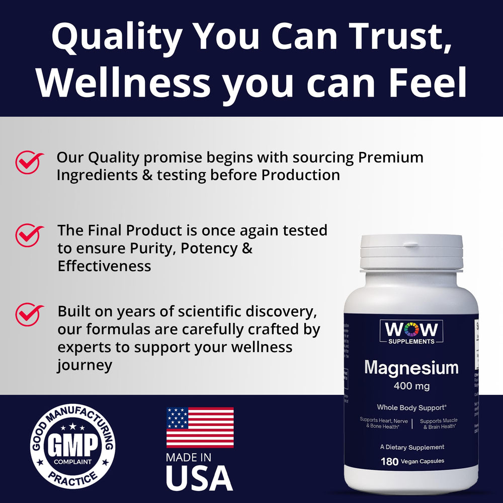 WOW Supplements Magnesium 400 mg pour of capsules for easy daily intake