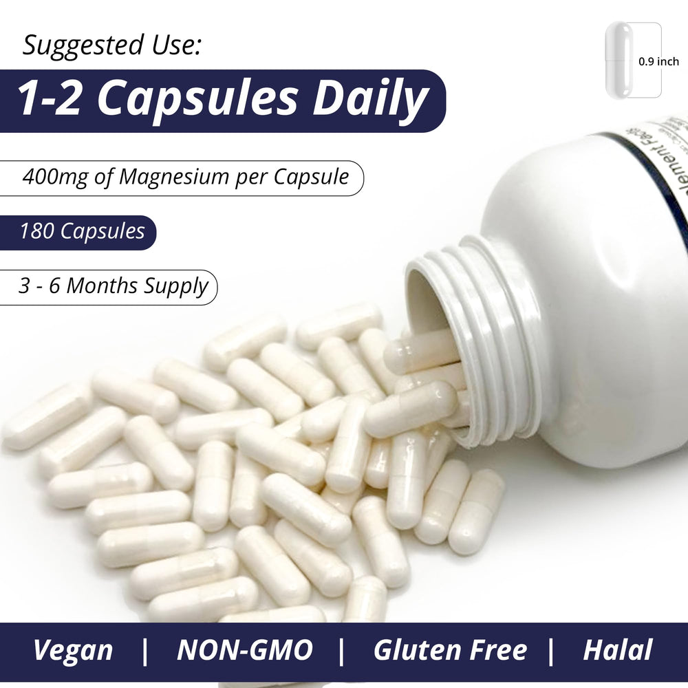 WOW Supplements Magnesium 400 mg vegan kosher gluten-free icons on label