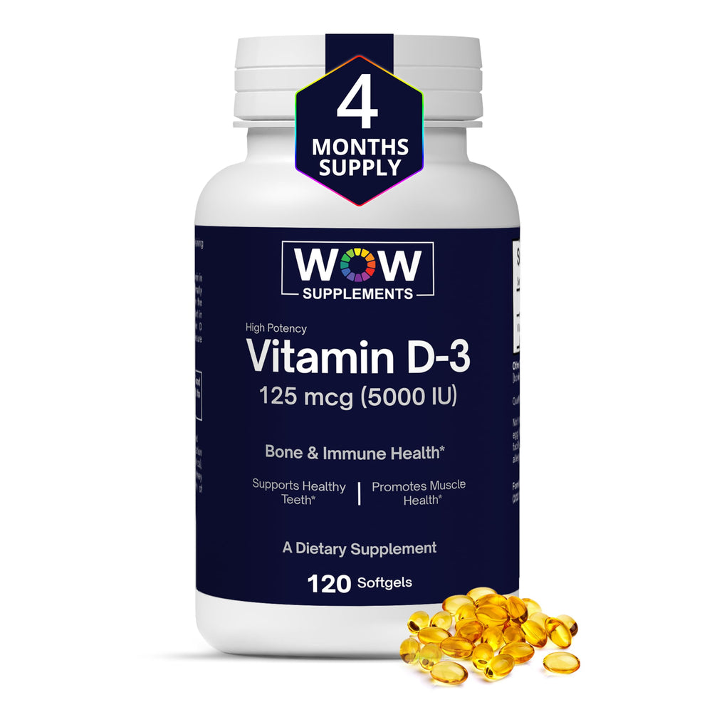 WOW Supplements Vitamin D3 5000 IU bottle supports bone health.