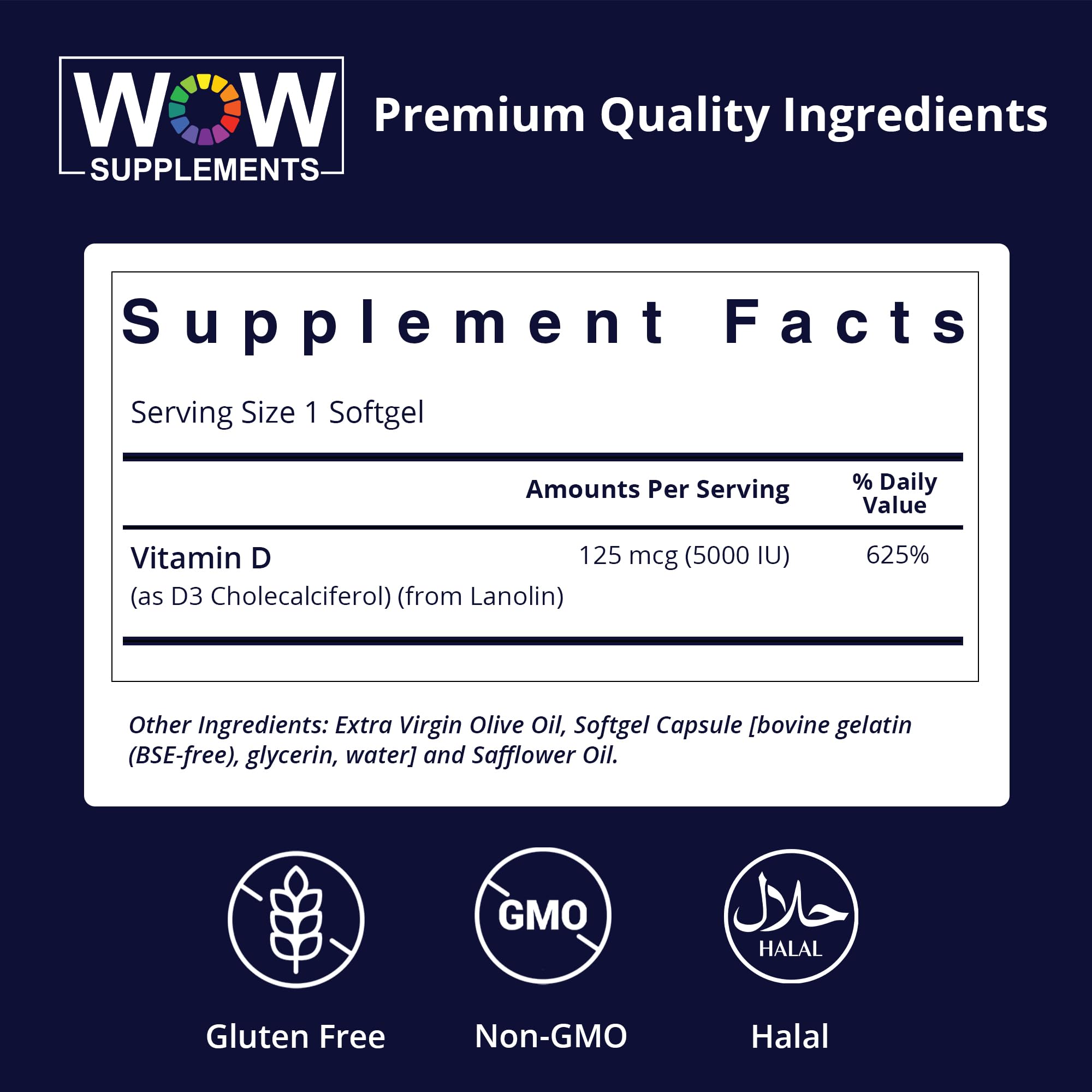 WOW Supplements Vitamin D3 5000 IU label highlights non-GMO and gluten-free.