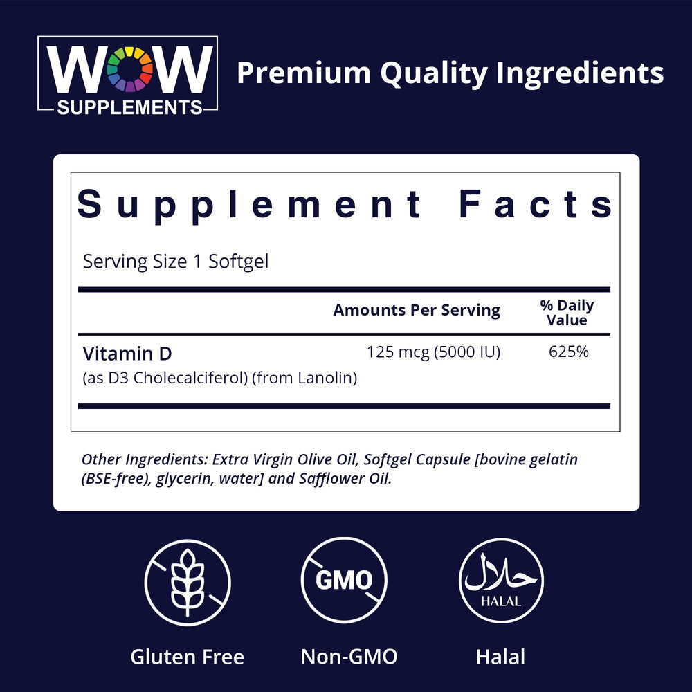 WOW Supplements Vitamin D3 5000 IU label highlights non-GMO and gluten-free.