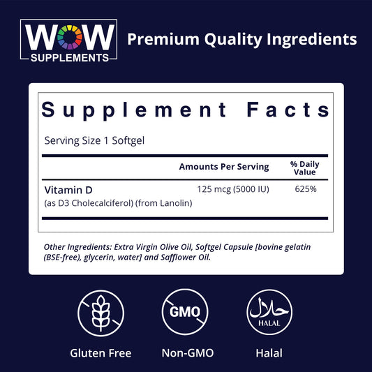 WOW Supplements Vitamin D3 5000 IU label highlights non-GMO and gluten-free.