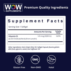WOW Supplements Vitamin D3 5000 IU label highlights non-GMO and gluten-free.