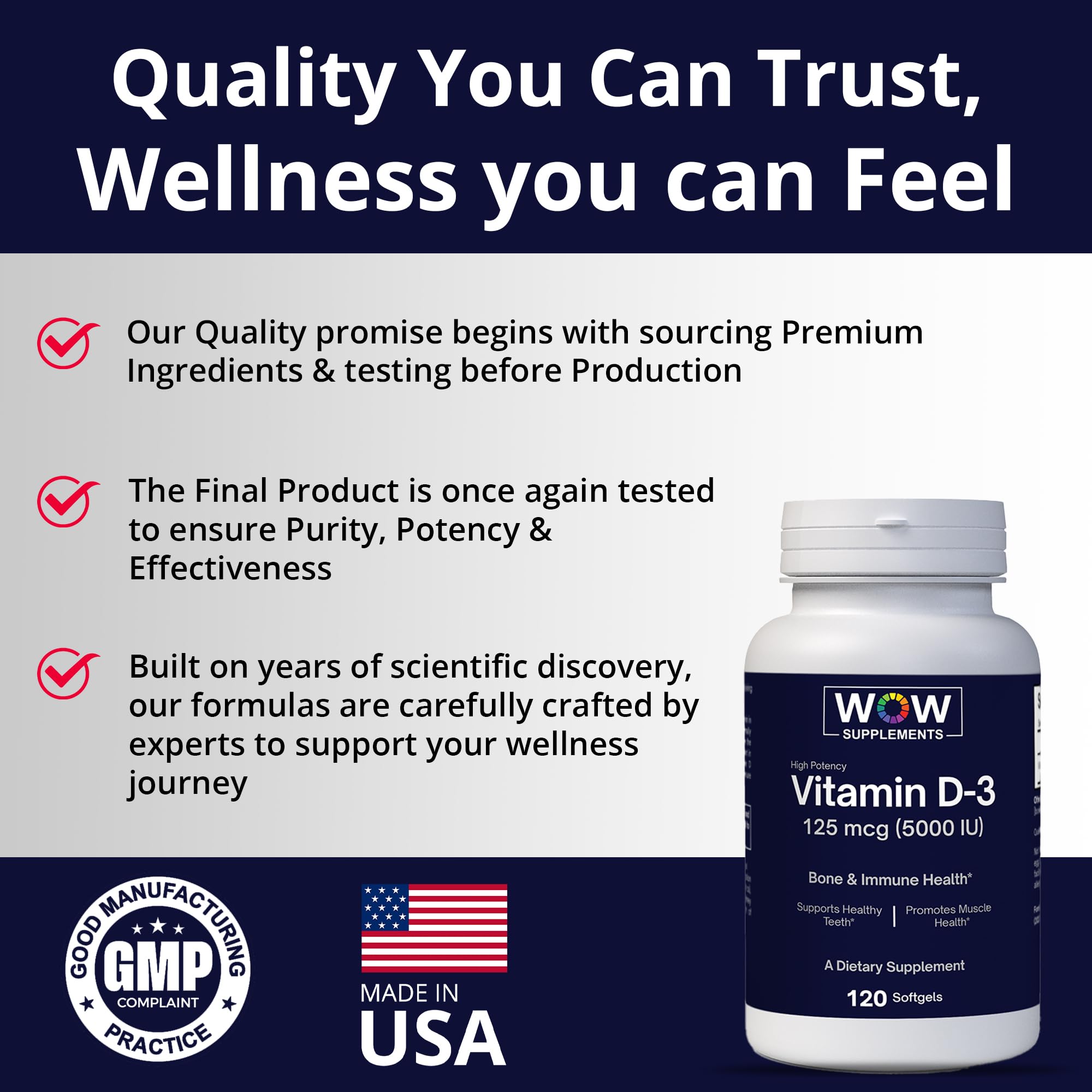 Box packaging of WOW Supplements Vitamin D3 5000 IU.