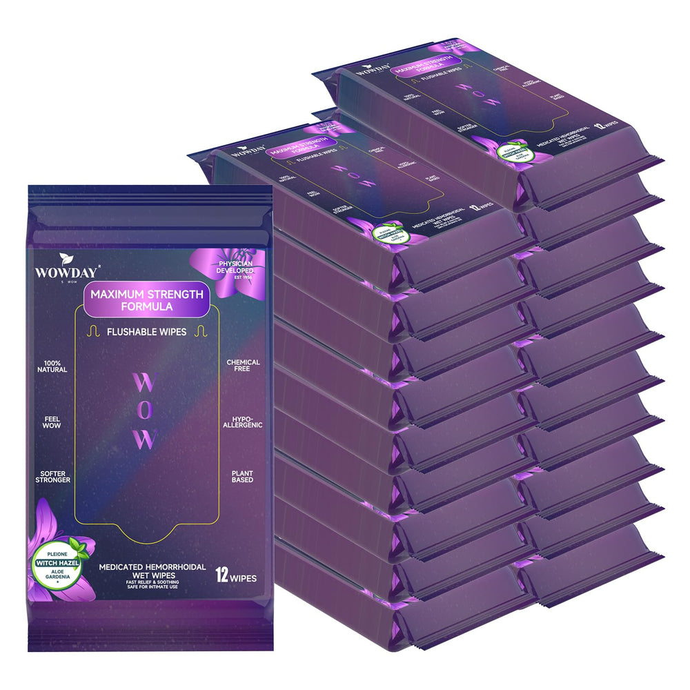 WowDay flushable hemorrhoid wipes pack front, fragrance-free and ready for daily comfort.