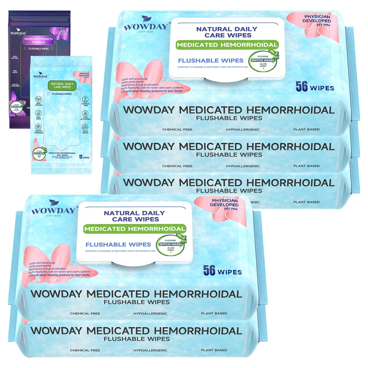 WowDay flushable hemorrhoid wipes pack for convenient cleansing on the go