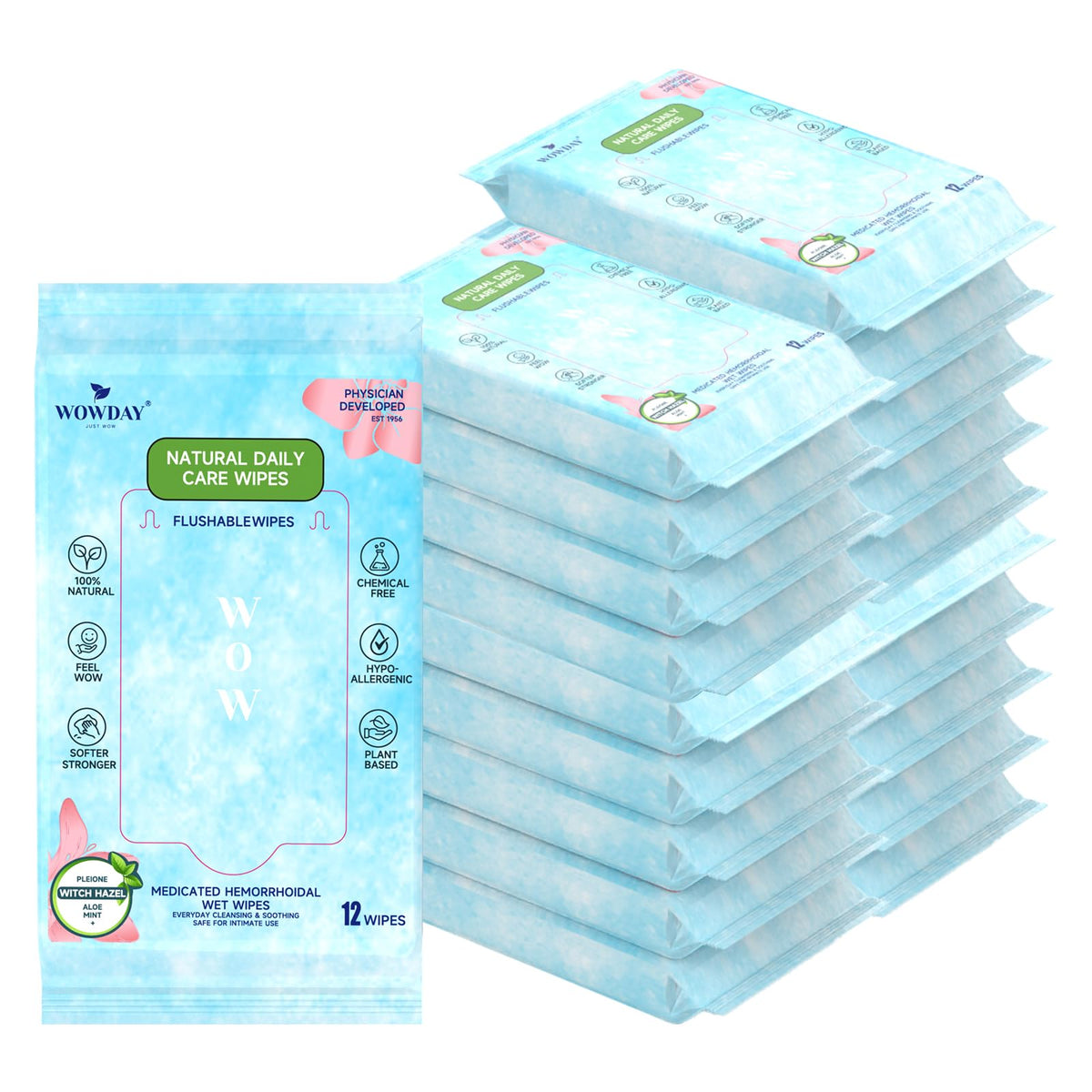 WowDay flushable wipes pack for discreet, on-the-go comfort.