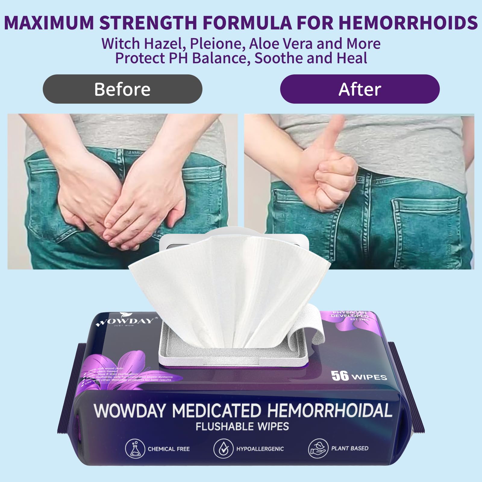 WowDay wipes closeup highlighting fragrance-free formula for sensitive skin.