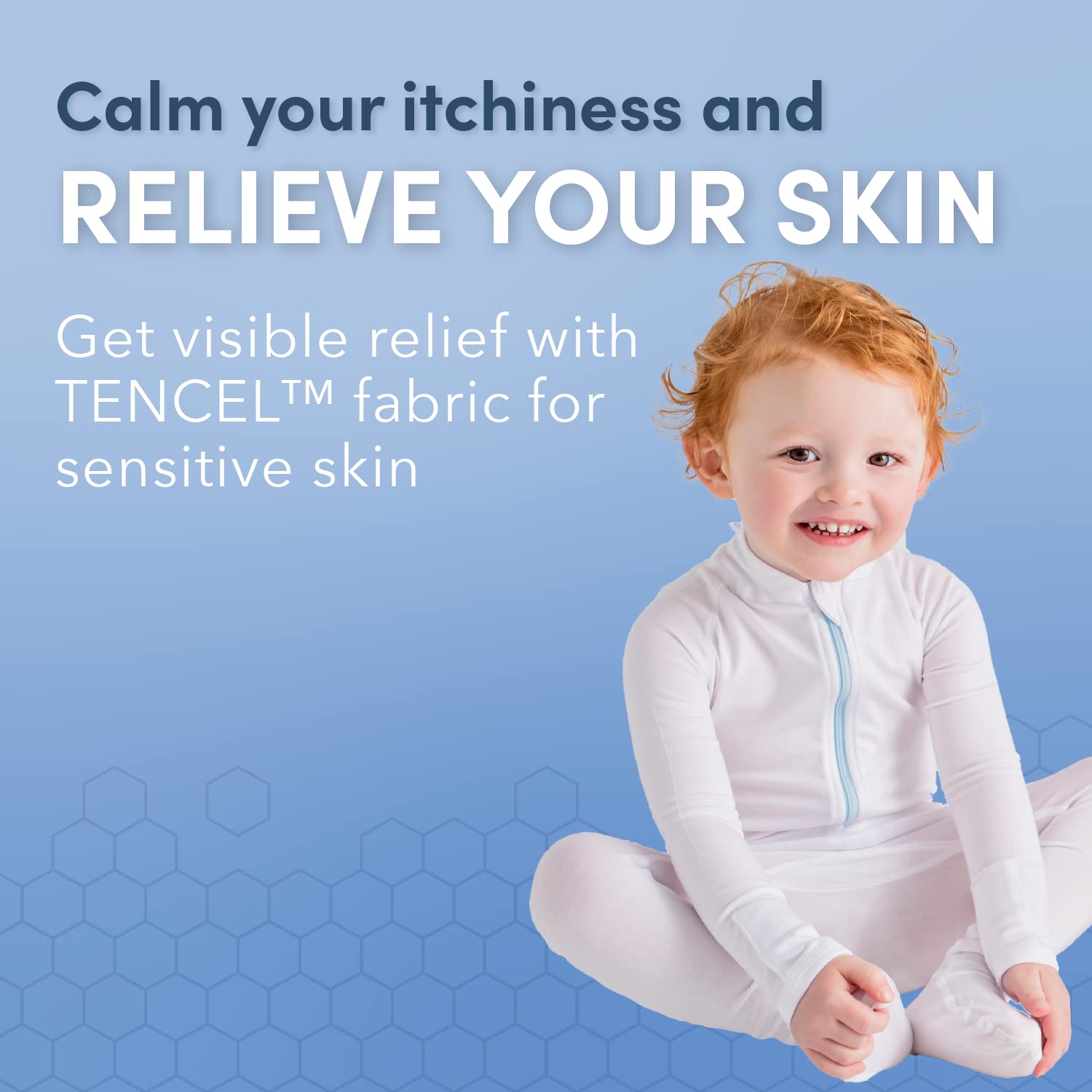 Wrap-E-Soothe bodysuit in white, fabric detail shows moisture management.