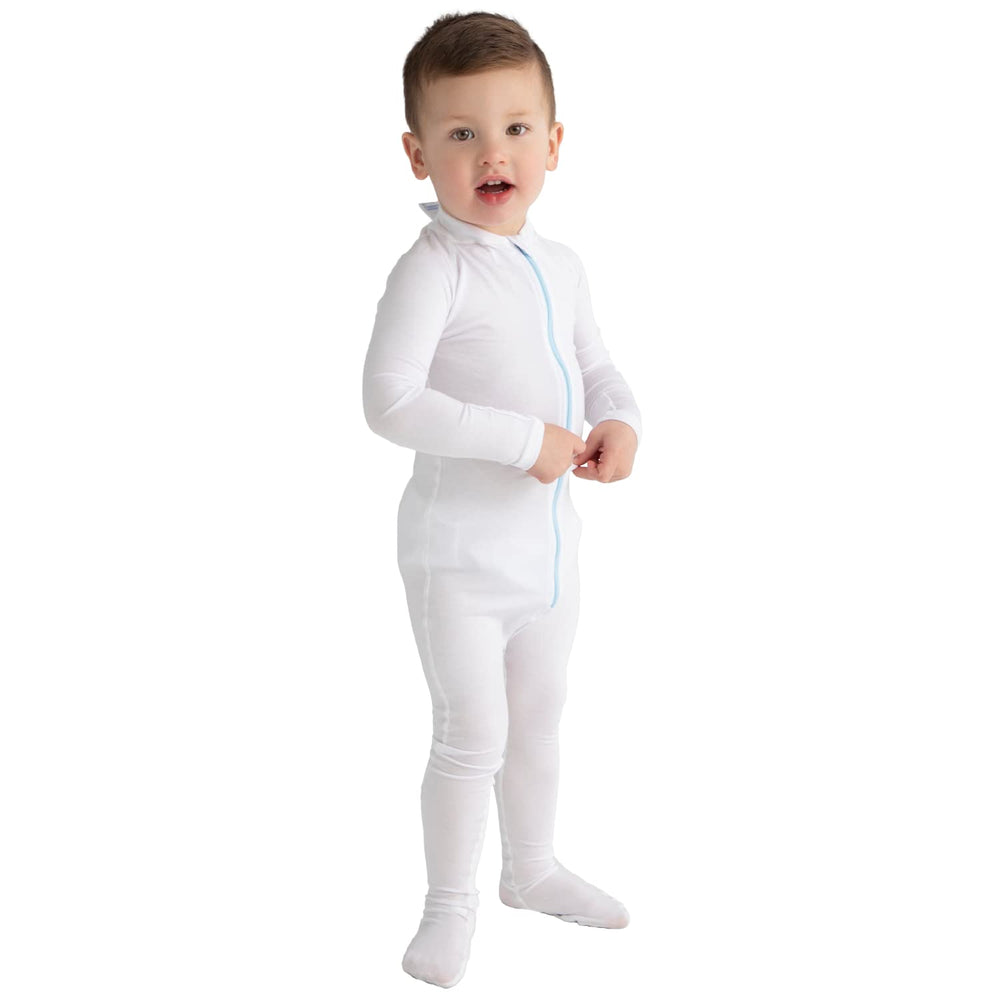 Wrap-E-Soothe long sleeve toddler bodysuit in white, front view, breathable fabric for sensitive skin.