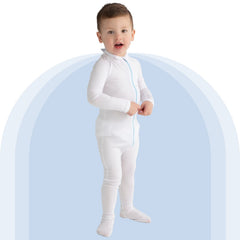 Wrap-E-Soothe white bodysuit, sleeve close-up, soft seams prevent irritation.