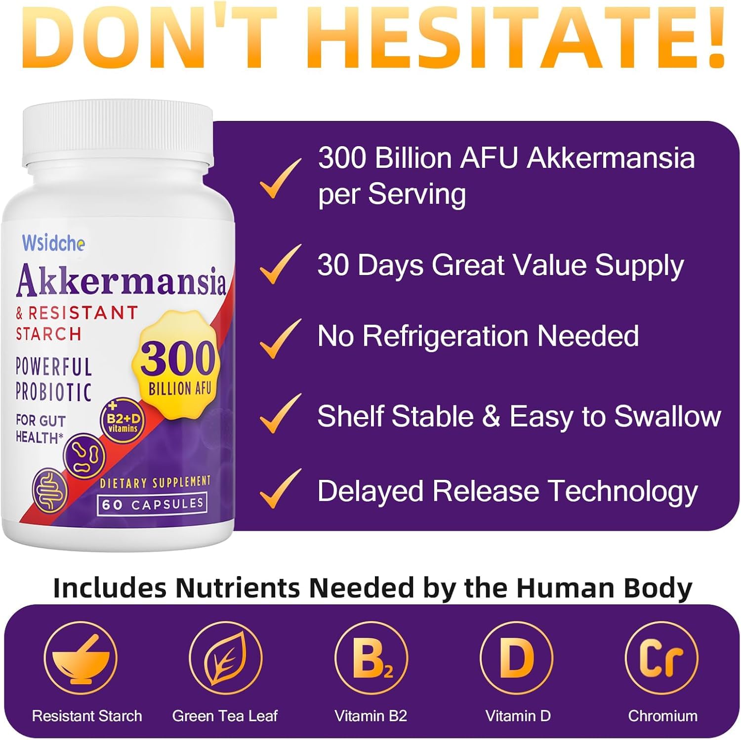 Wsidche Akkermansia vegan gluten-free badge on bottle