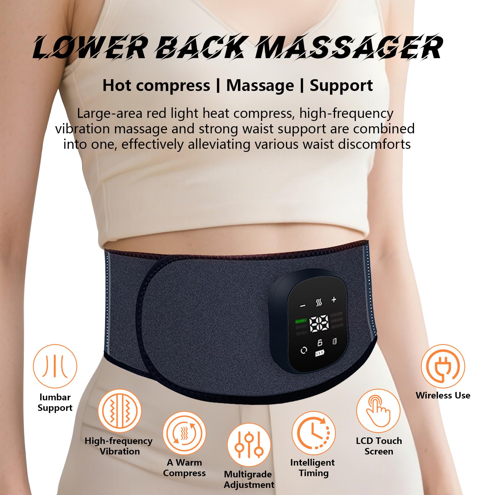 Wtruoy cordless back massager belt demonstrates 4D vibration for deep muscle relief.