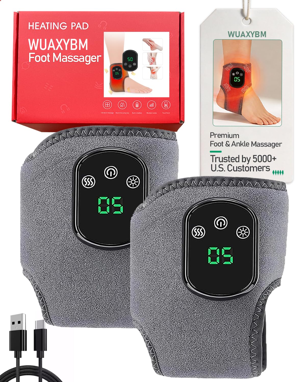 WUAXYBM foot massager showing five heat levels for customizable comfort.
