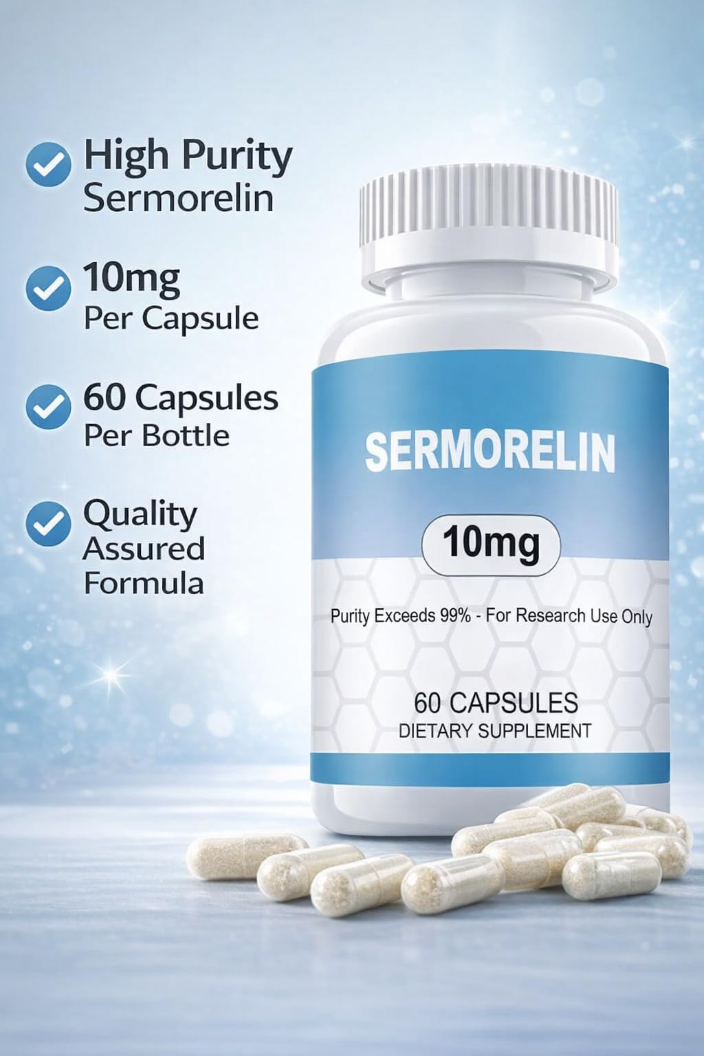 WUCOO Sermorelin 99% purity label visible for lab-grade testing.