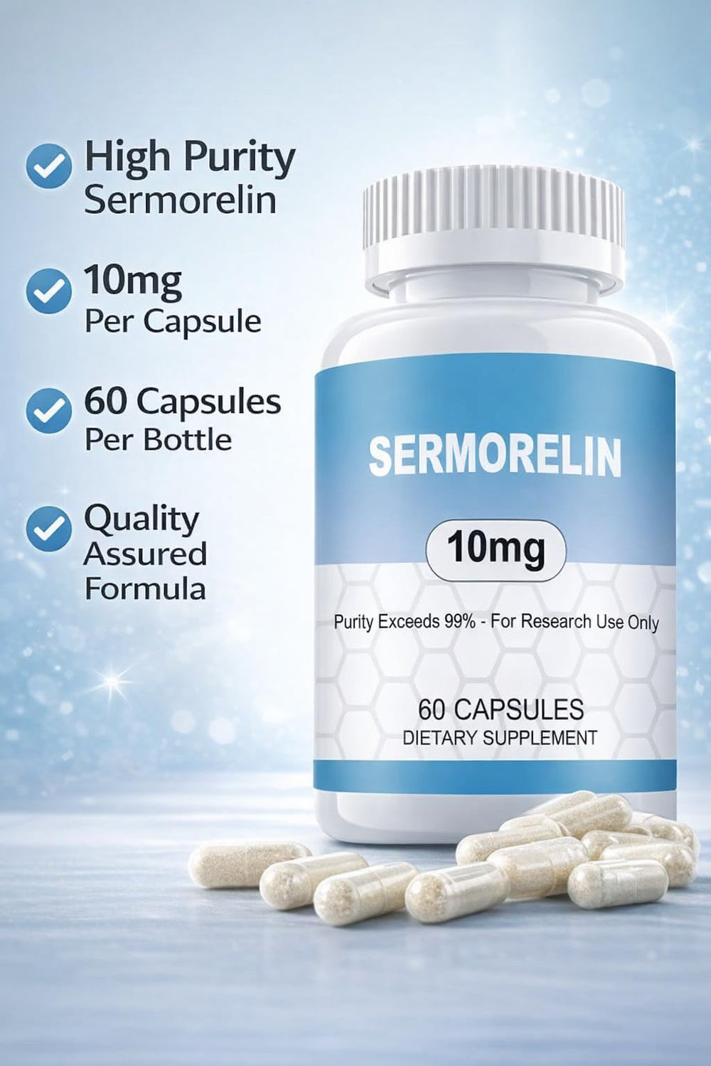 WUCOO Sermorelin 99% purity label visible for lab-grade testing.