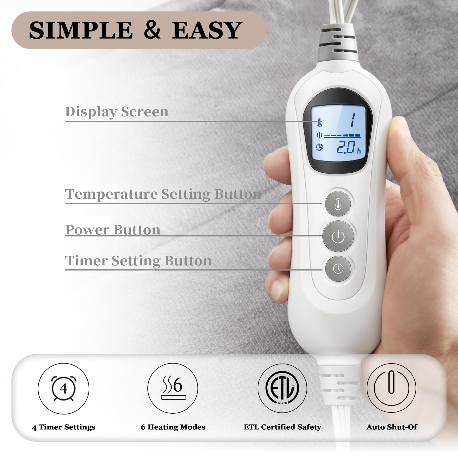 WUGE heating pad with uniform heat distribution and easy remote control.