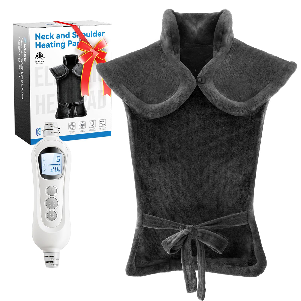 WUGE heating pad covers back, neck, and shoulders with even warmth for comfort.
