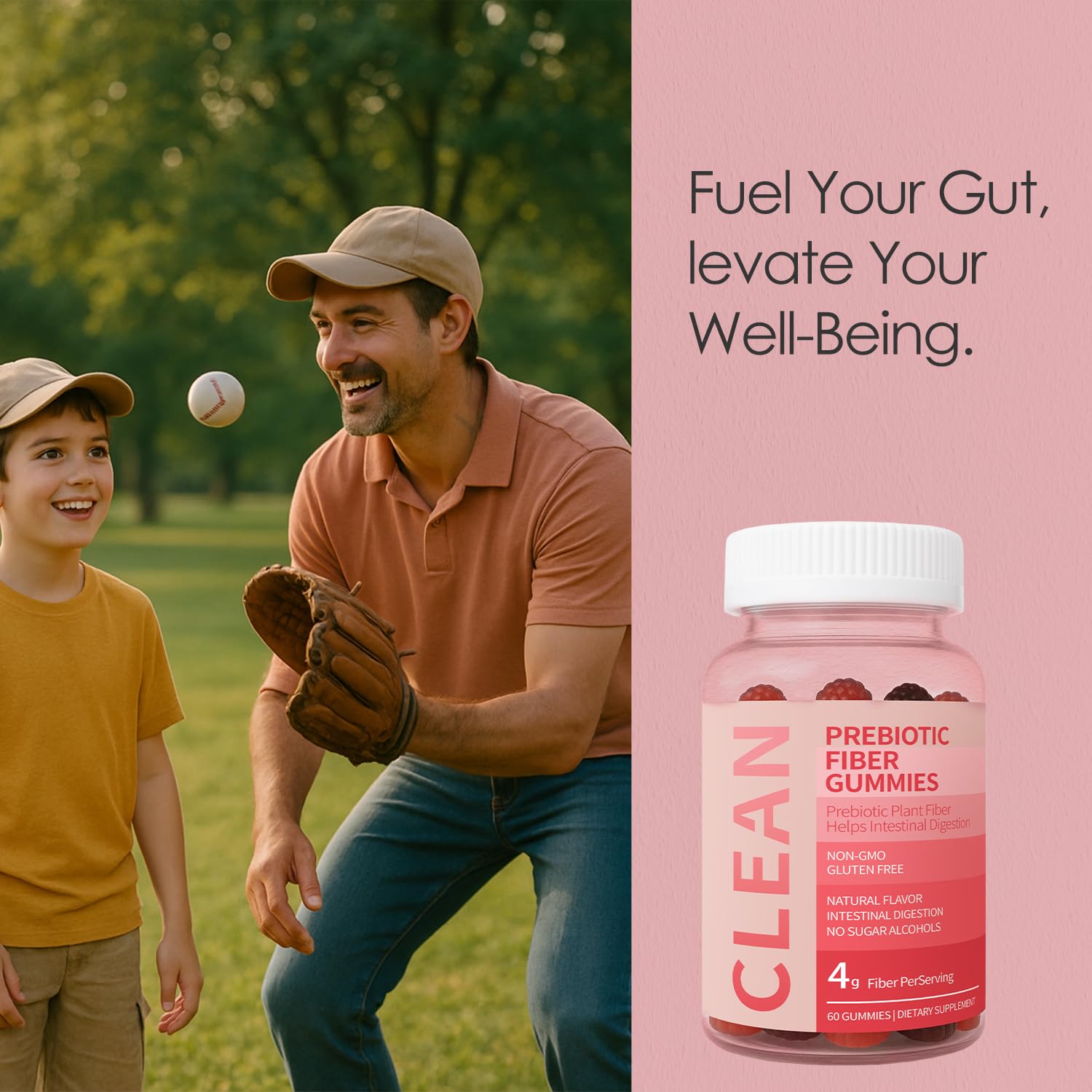 Wuliao Clean Fiber Gummies for Men benefits graphic highlighting digestive comfort.