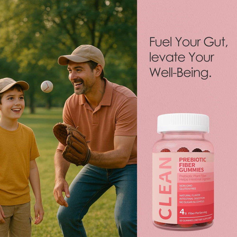 Wuliao Clean Fiber Gummies for Men benefits graphic highlighting digestive comfort.