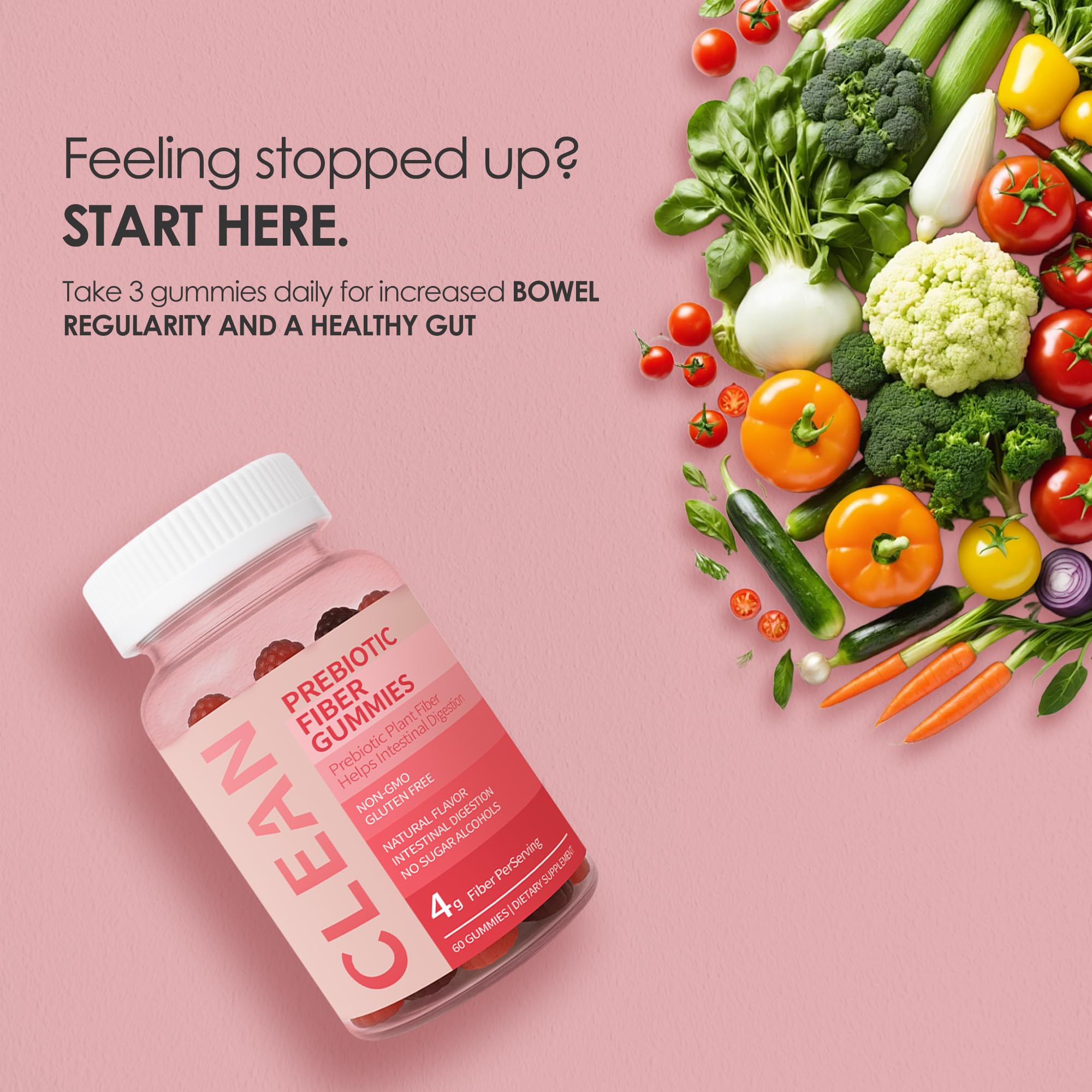 Wuliao Clean Fiber Gummies for Men ingredients panel emphasizing natural vegan formulation.
