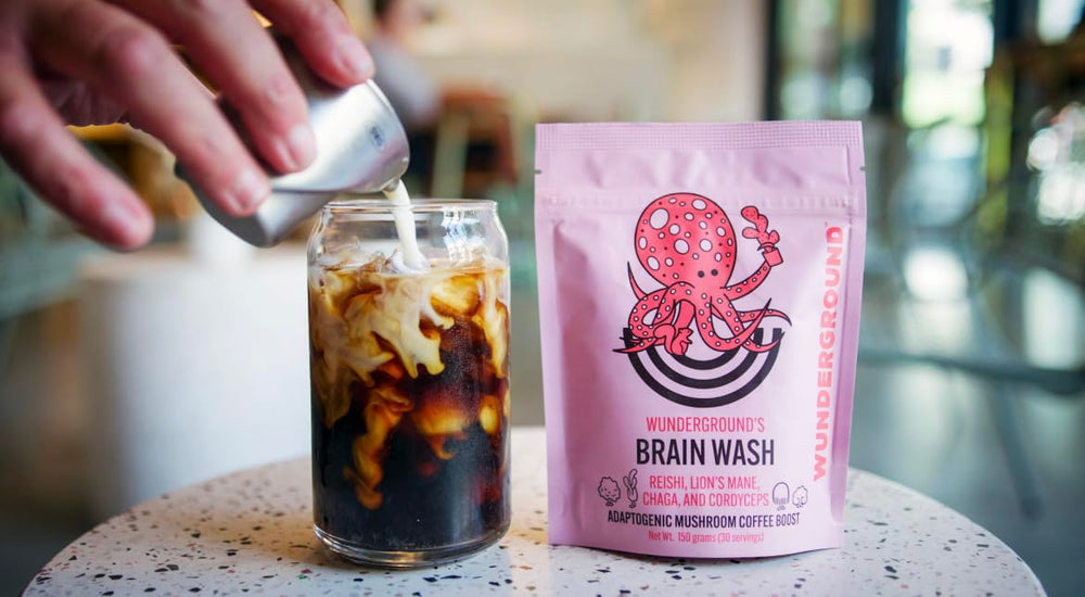 Wunderground Brain Wash lifestyle-ritual shot suggests daily use for focus.