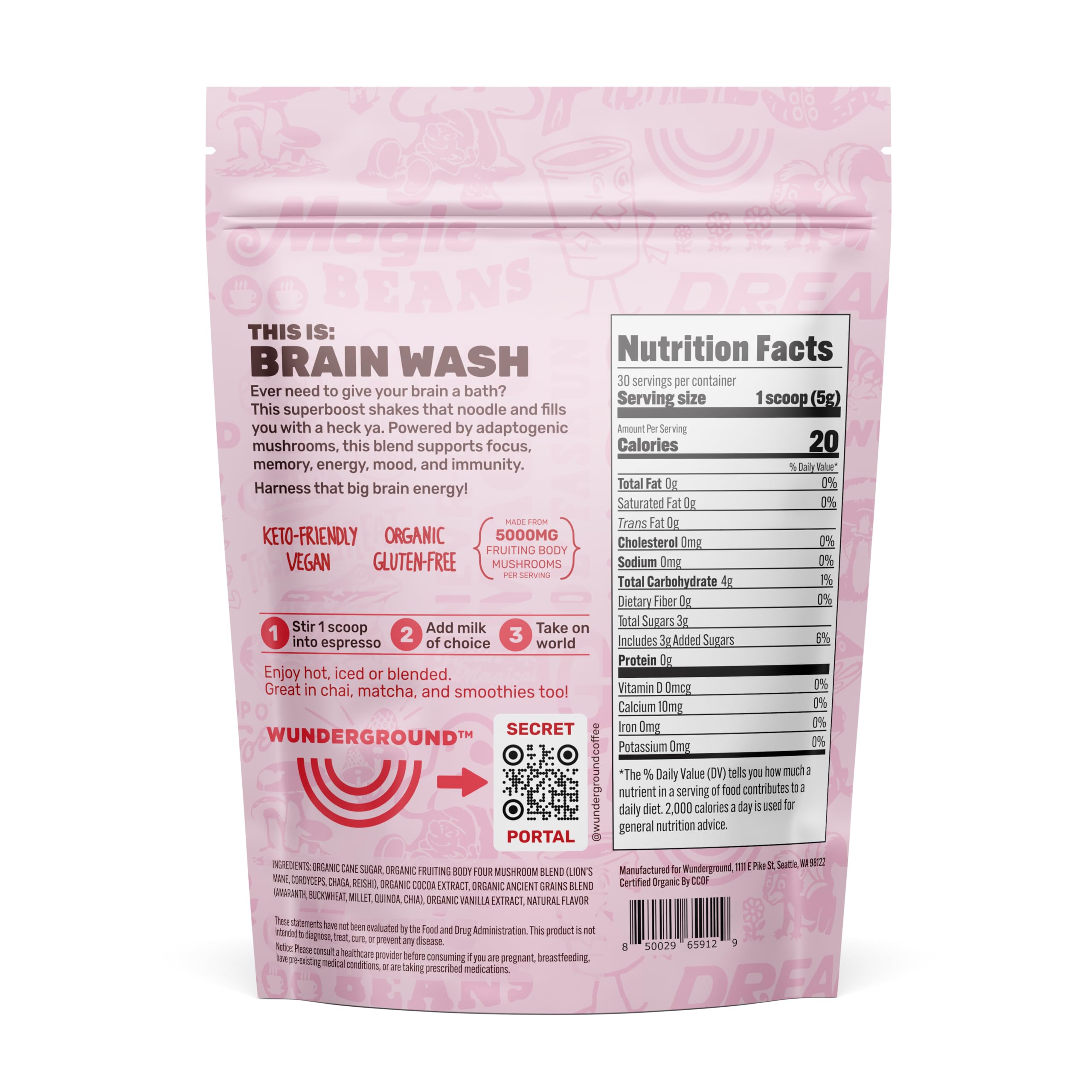 Wunderground Brain Wash measuring scoop shows precise dosing for steady energy.
