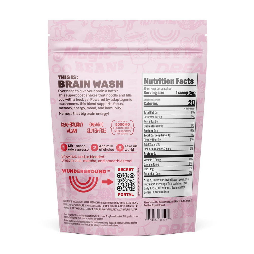 Wunderground Brain Wash measuring scoop shows precise dosing for steady energy.