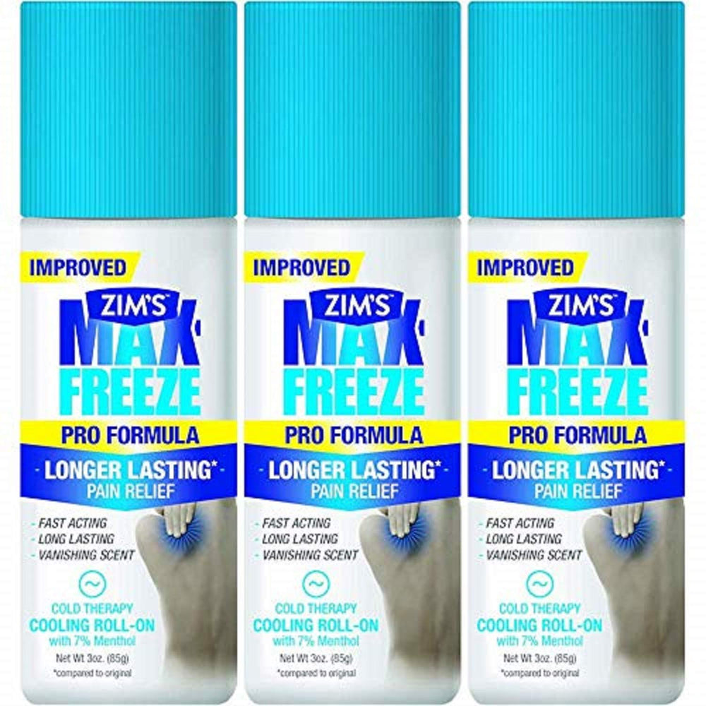 Wutsar Zim's Max Freeze Pro bottle close-up highlights a cooling roll-on for targeted relief.