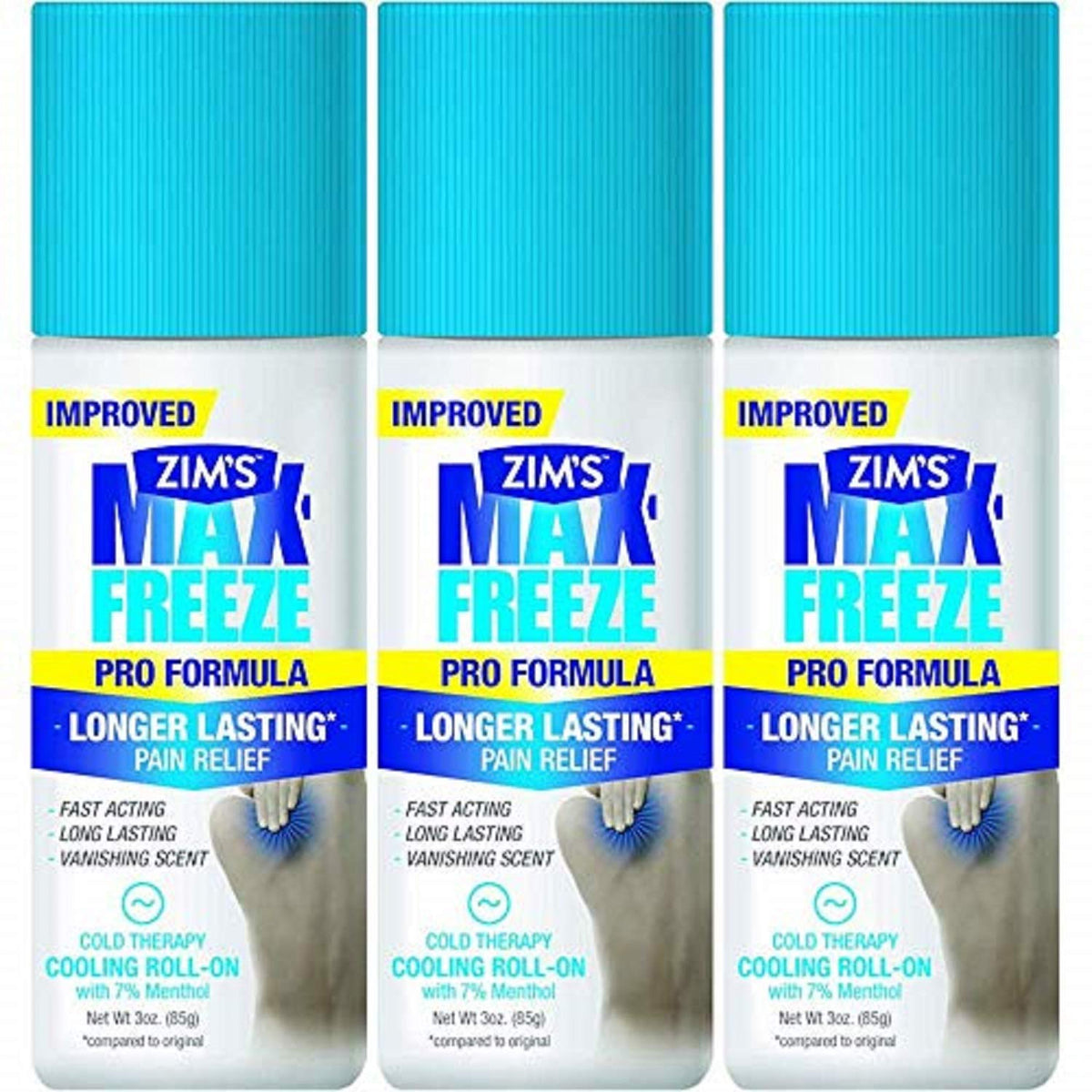 Wutsar Zim's Max Freeze Pro bottle close-up highlights a cooling roll-on for targeted relief.