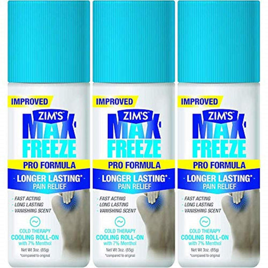 Wutsar Zim's Max Freeze Pro bottle close-up highlights a cooling roll-on for targeted relief.