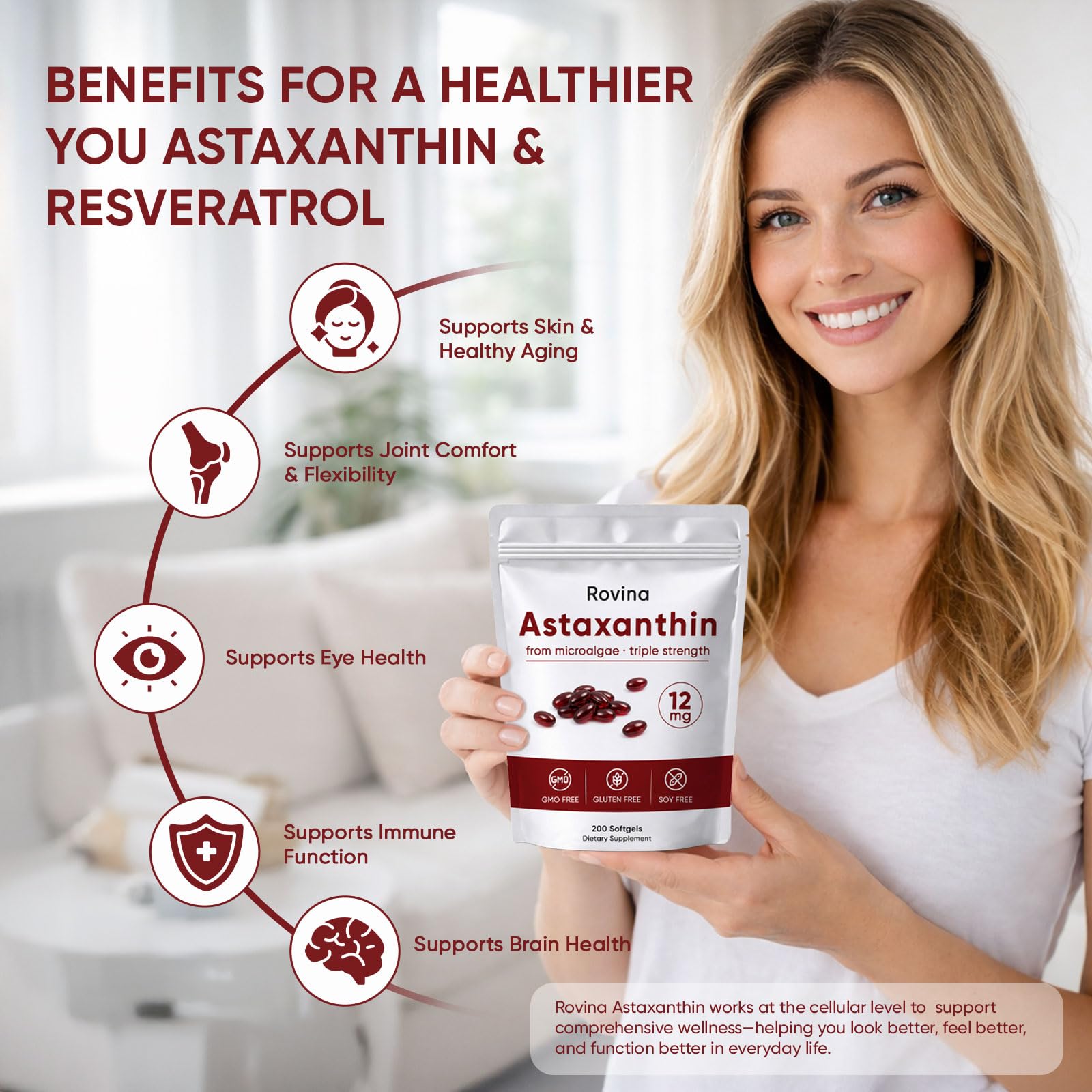 Wvnscl Rovina Astaxanthin packaging box highlighting non-GMO and gluten-free