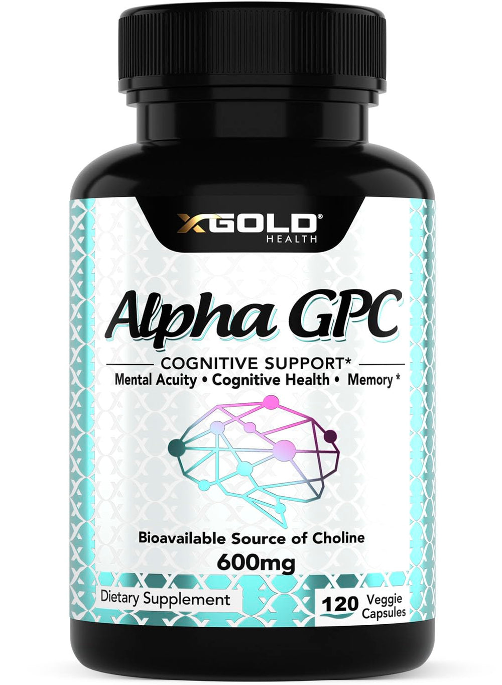 X Gold Health Alpha GPC 600mg bottle for daily cognitive support.