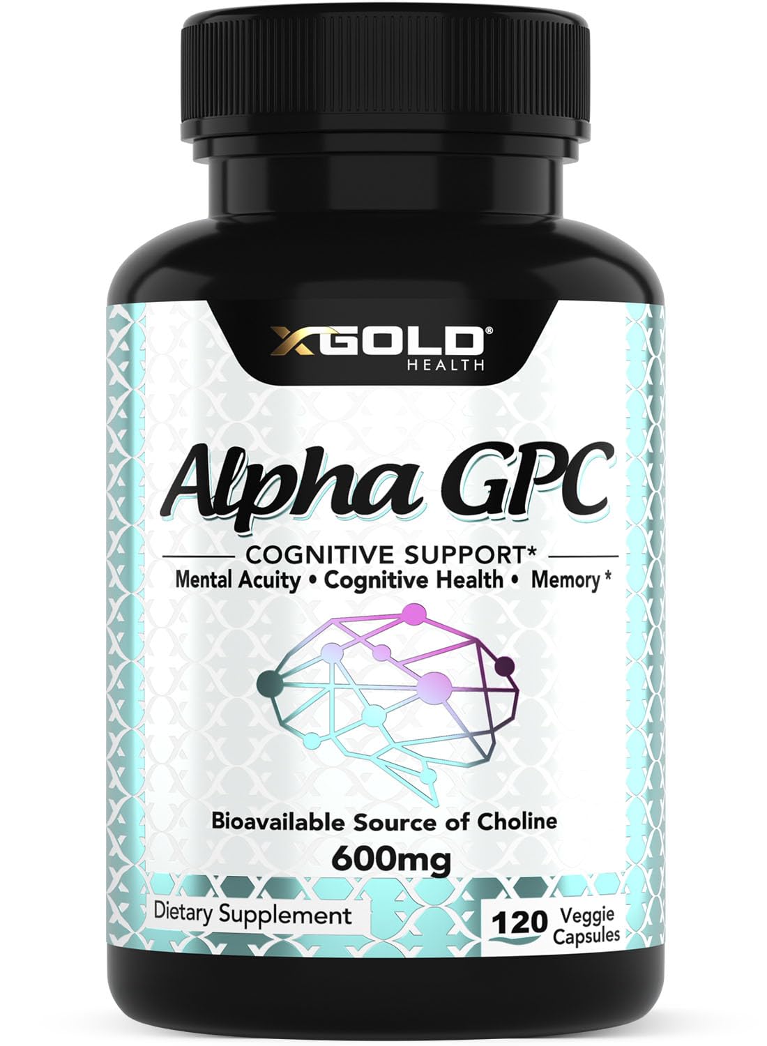 X Gold Health Alpha GPC 600mg bottle for daily cognitive support.