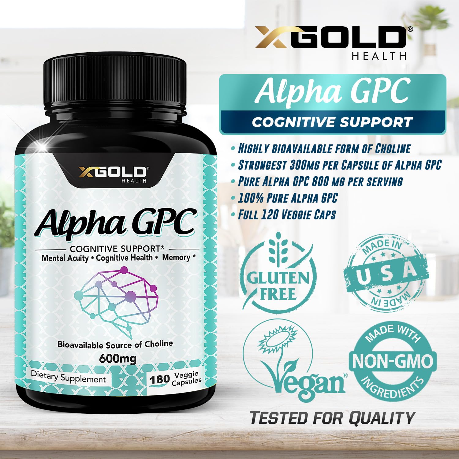 X Gold Health Alpha GPC bottle on desk ready for daily use.