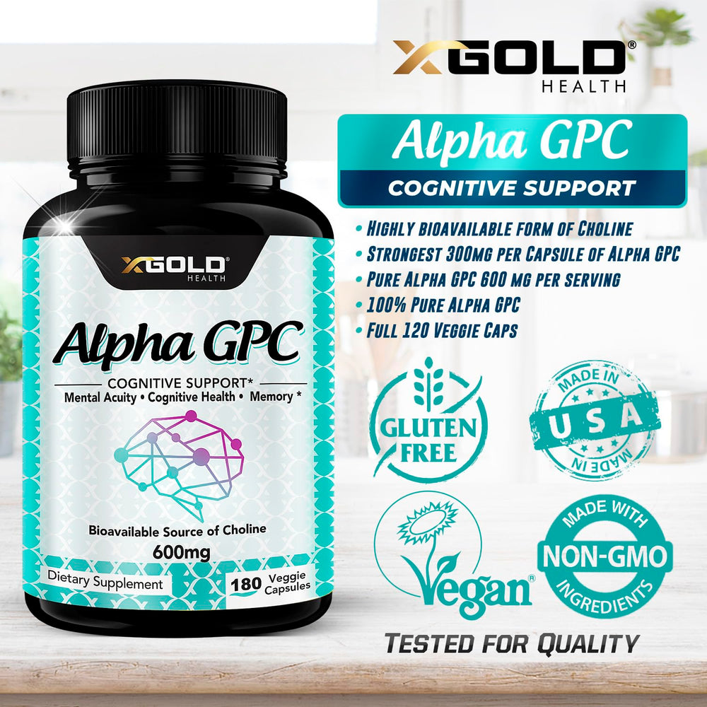 X Gold Health Alpha GPC bottle on desk ready for daily use.