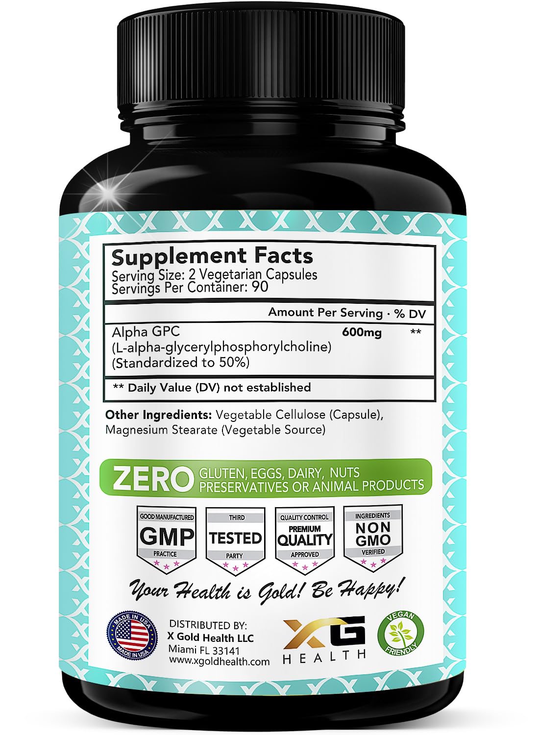 X Gold Health Alpha GPC capsules closeup highlighting 600 mg per serving.