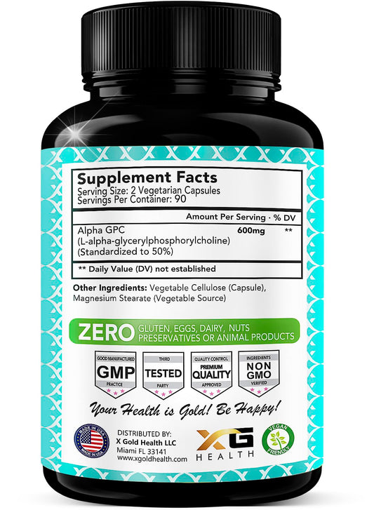 X Gold Health Alpha GPC capsules closeup highlighting 600 mg per serving.