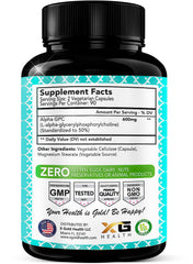 X Gold Health Alpha GPC capsules closeup highlighting 600 mg per serving.