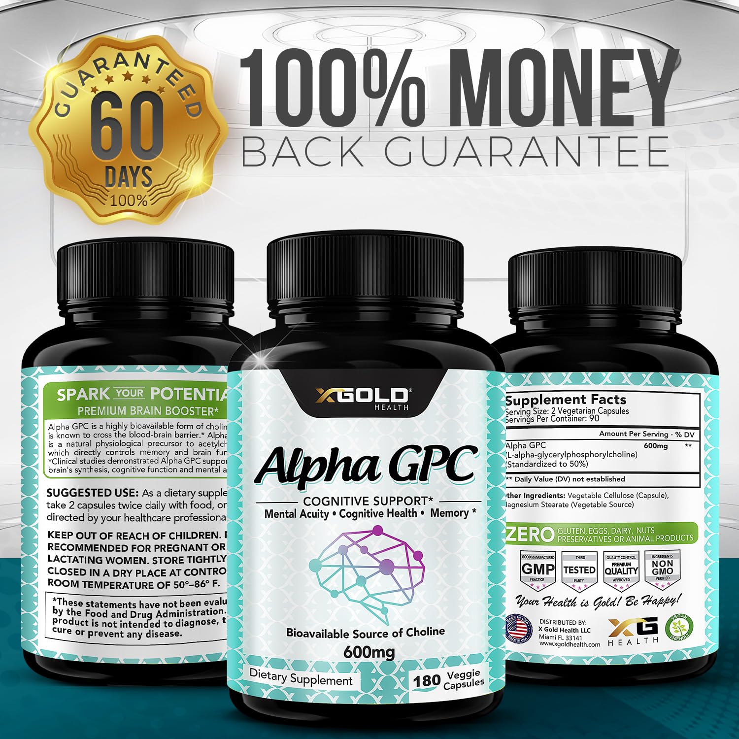 X Gold Health Alpha GPC mood-friendly formula beside a glass of water.