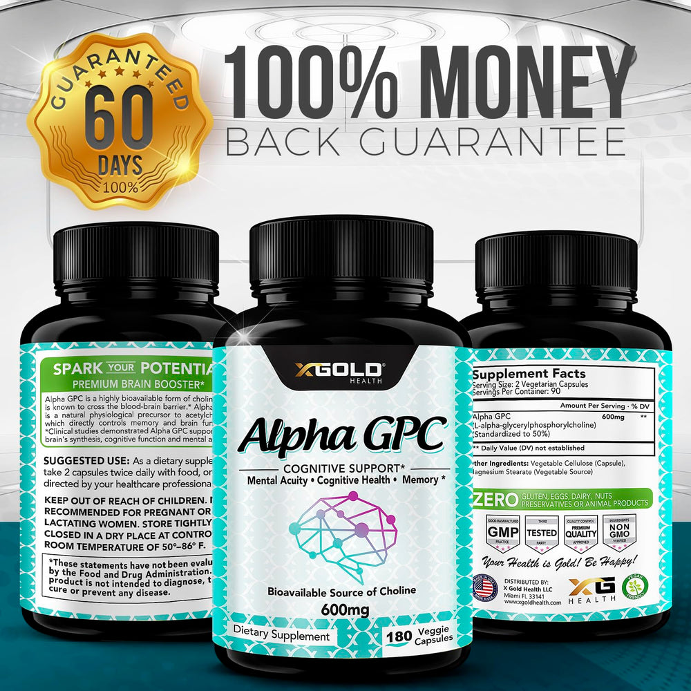 X Gold Health Alpha GPC mood-friendly formula beside a glass of water.