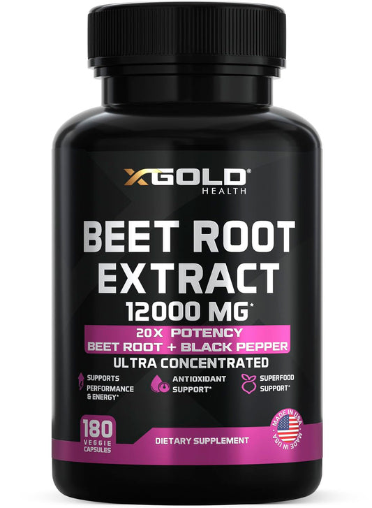 X Gold Health Beet Root Extract bottle highlights concentrated nitrate power for energy support