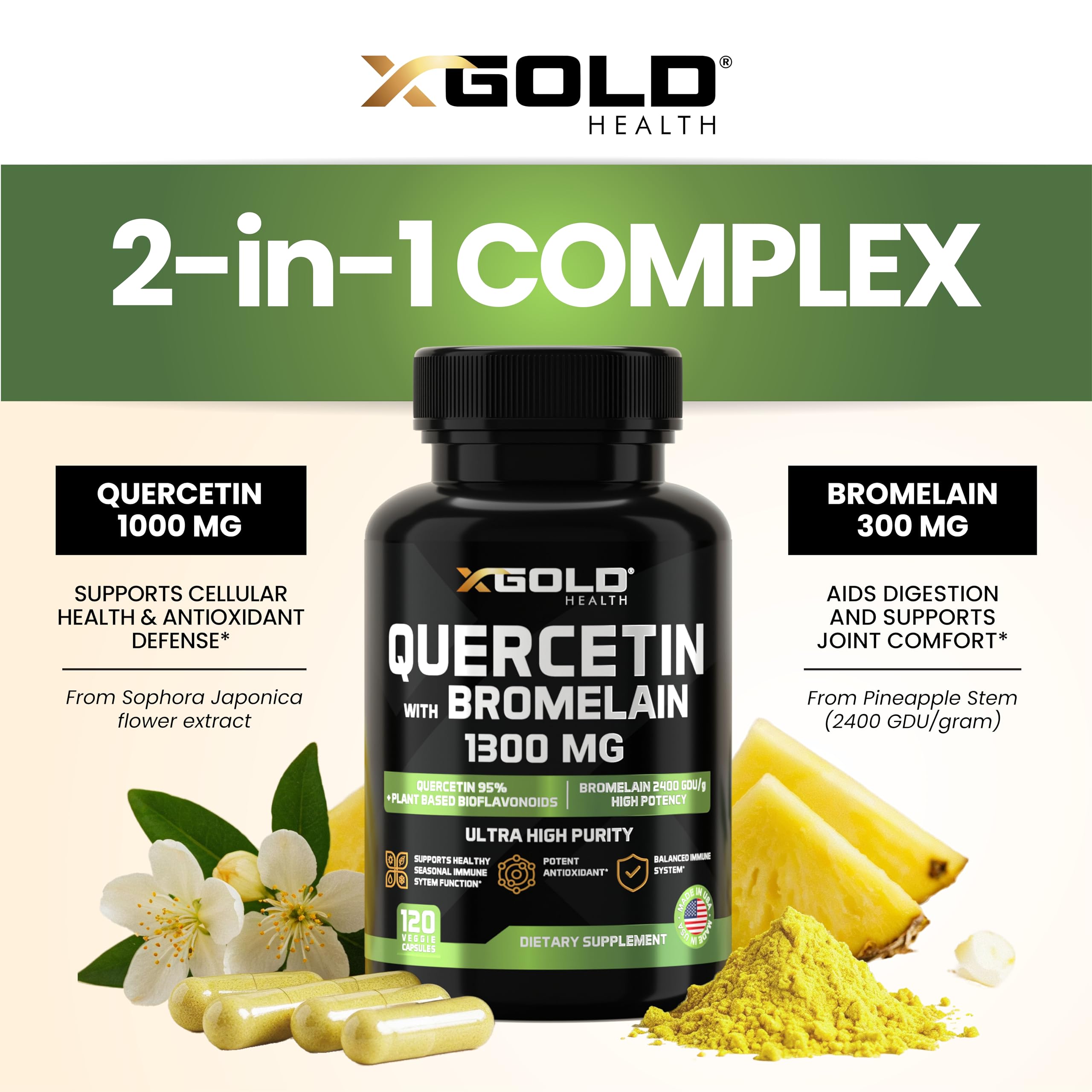 X Gold Health bromelain from pineapple enzyme indicating natural sourcing.